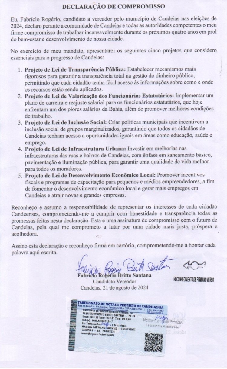 Candeias: Candidato a vereador assina termos de compromisso